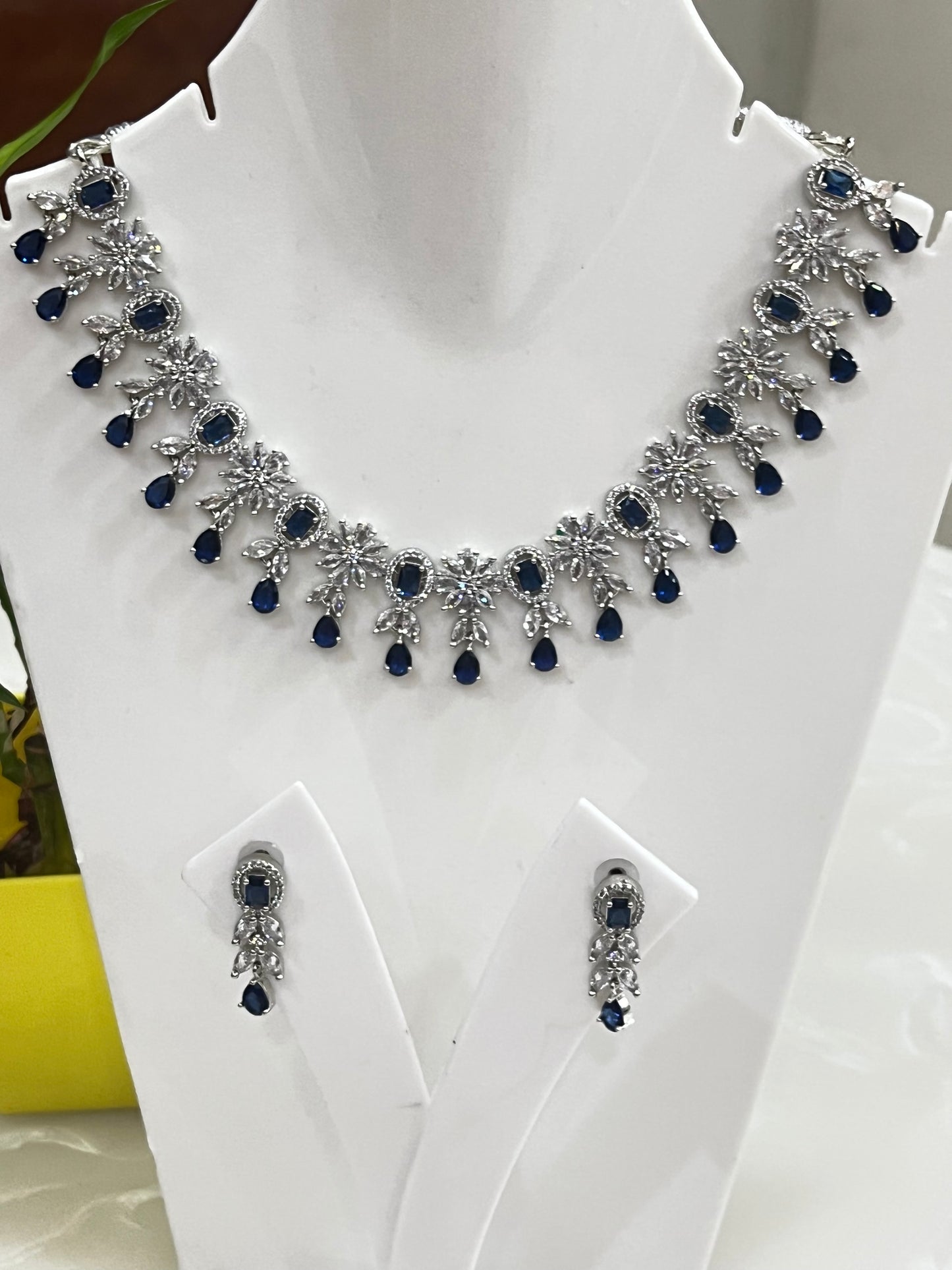 Premium American Diamond Blue Stone Necklace Set