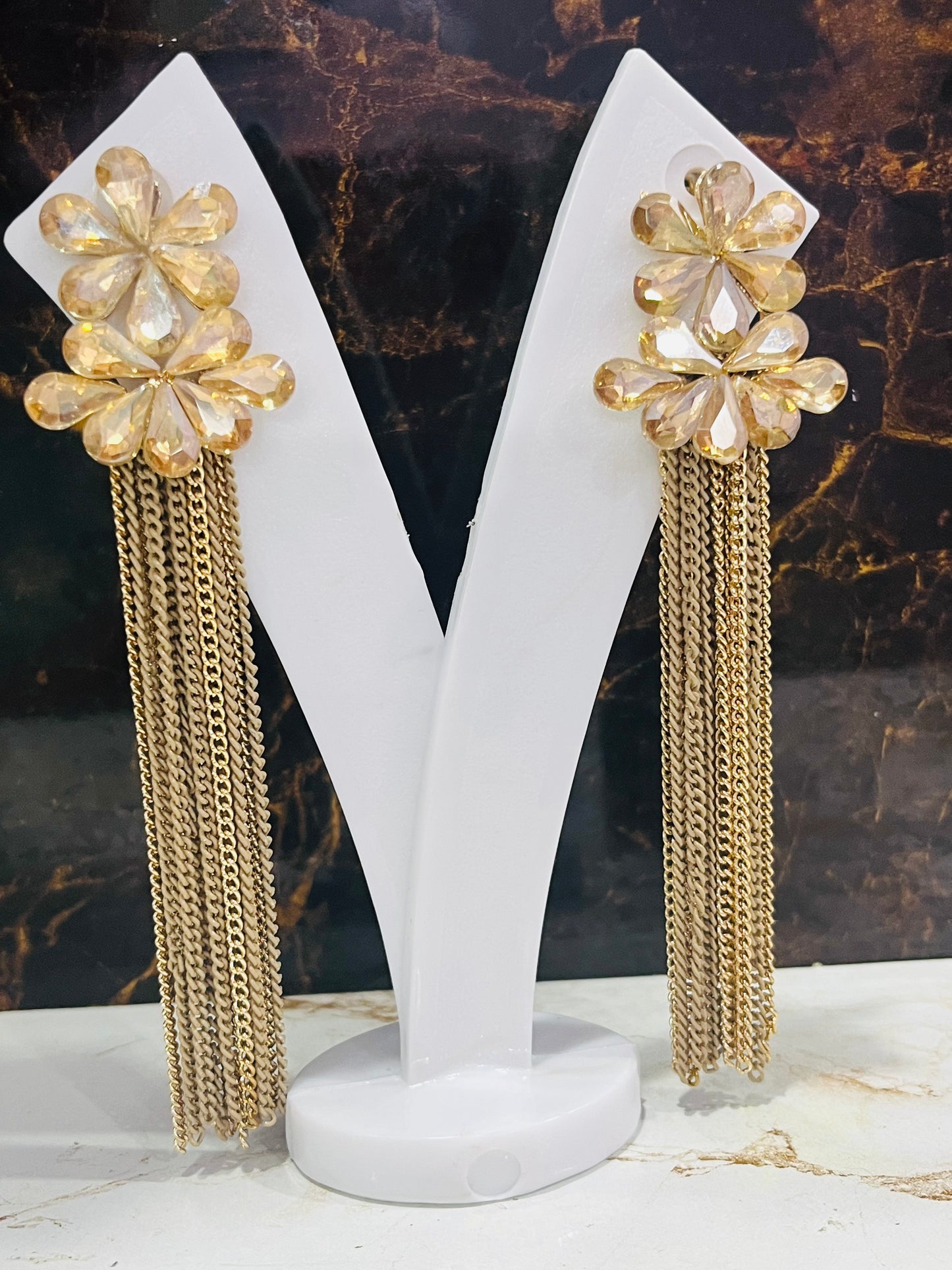 Party Wear Golden Flower Drops Chain Earrings