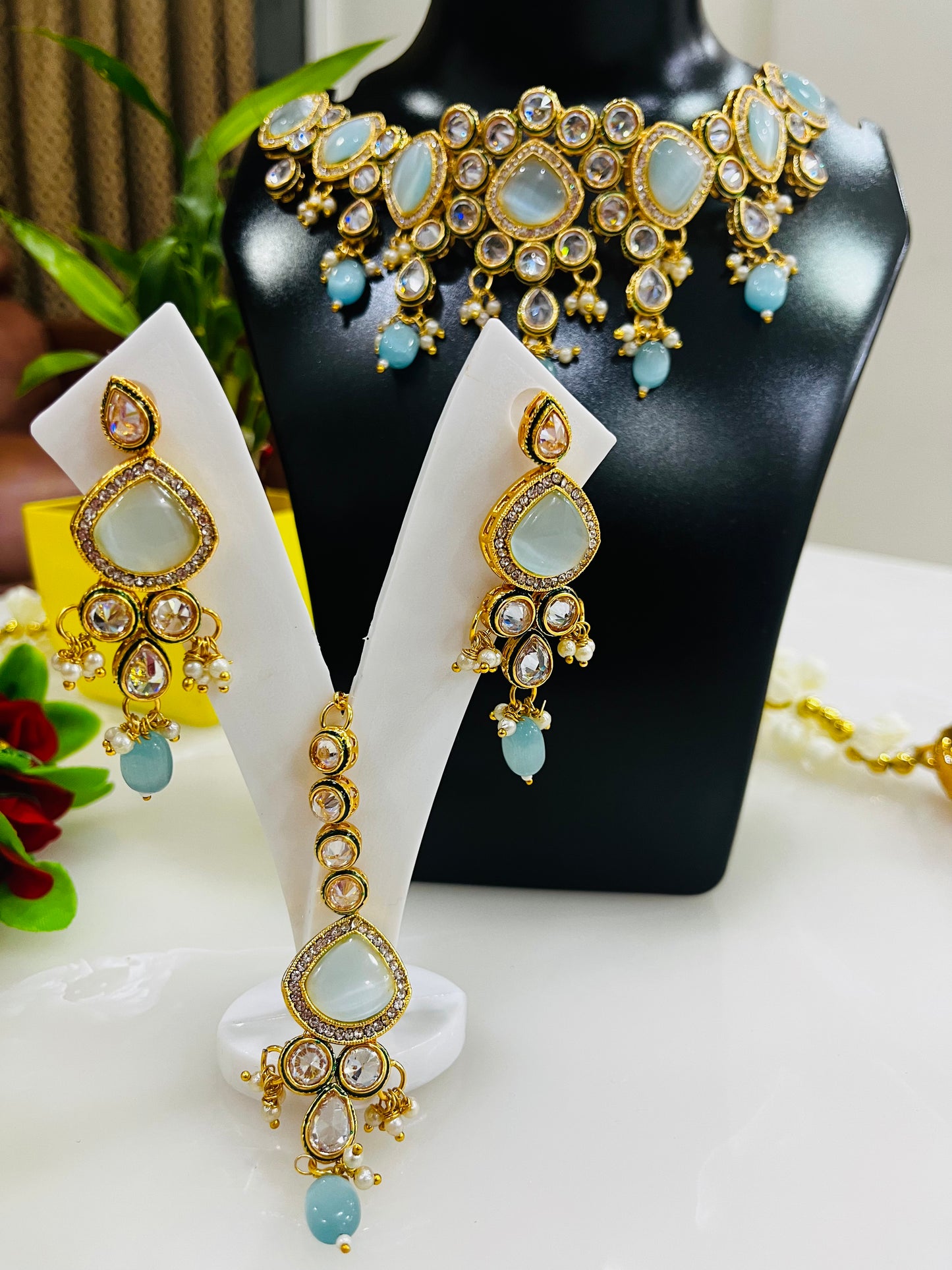High Gold Polish Kundan AD Necklace Set