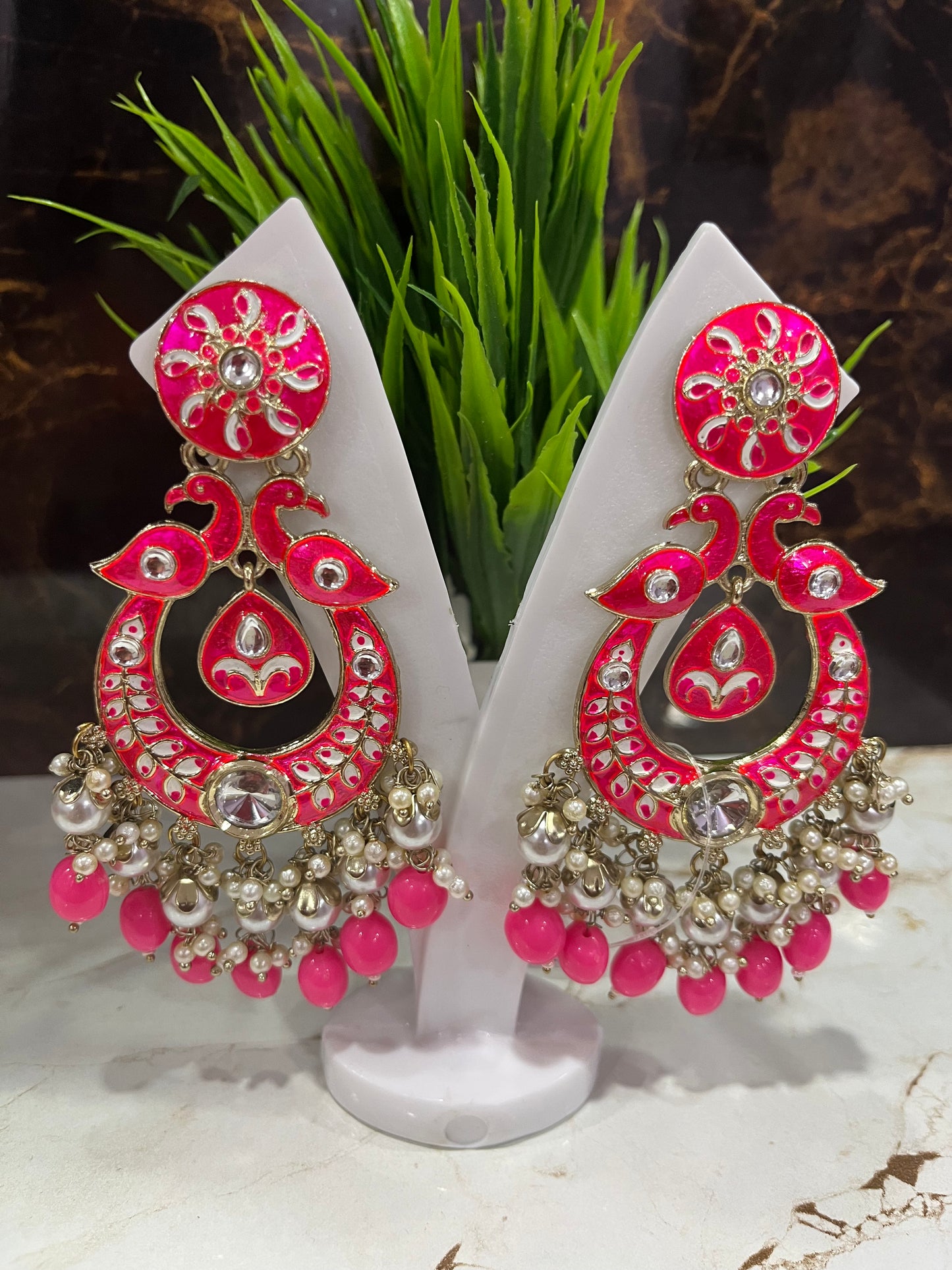 Mehendi Pink Meenakari Clustered Pearl Long Dangler Earring