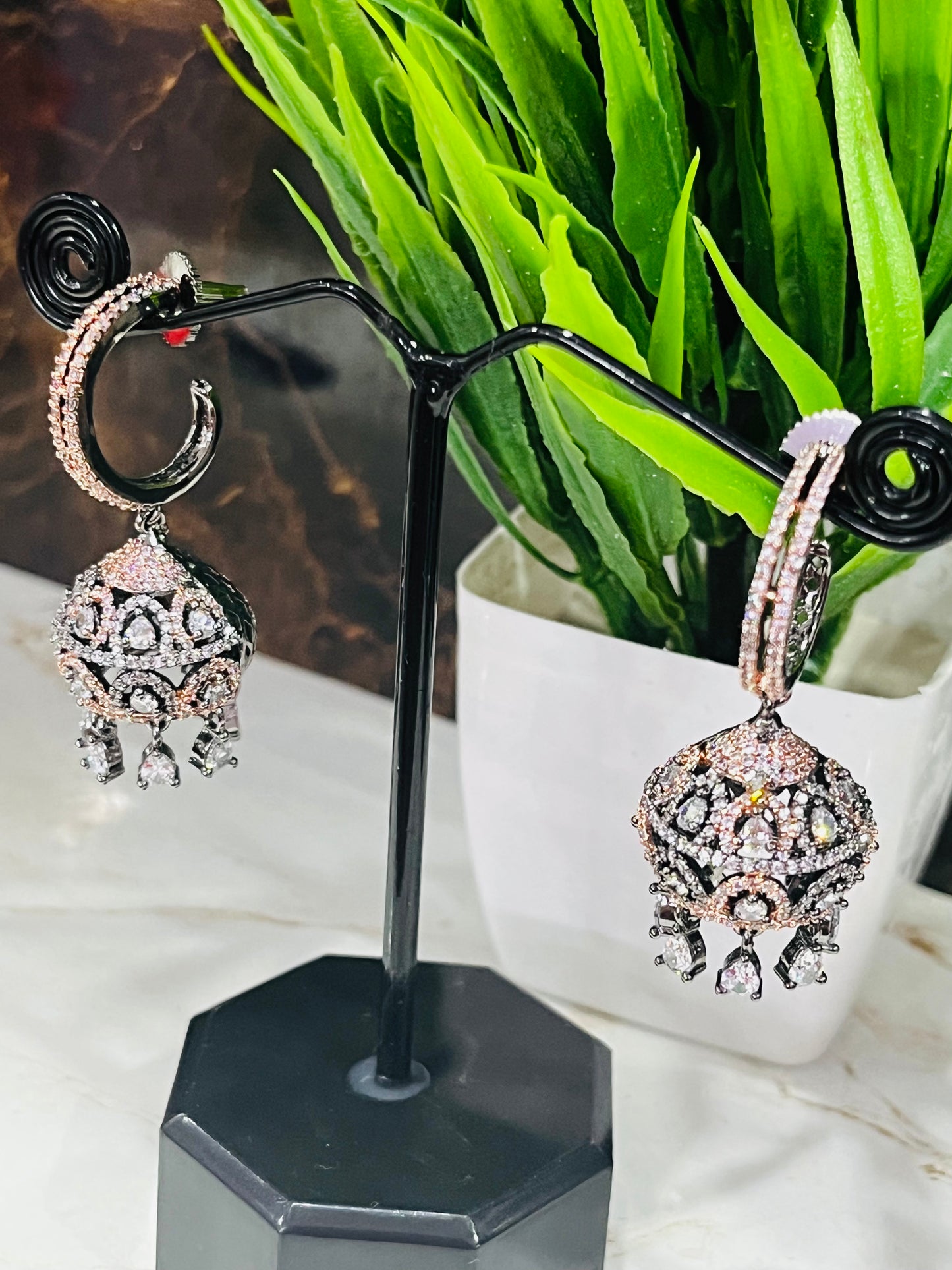 Black Rodium Cz AD Stones Jhumka Earring